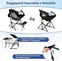 Sedia da Campeggio, Sedia Pieghevole per Esterni con Schienale e Poggiapiedi Regolabili, Poggiatesta, Porta Bicchiere e Borsa da Trasporto per Spiaggia, Giardino, Pesca, Supporta 150 kg (Nero)