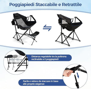 Sedia da Campeggio, Sedia Pieghevole per Esterni con Schienale e Poggiapiedi Regolabili, Poggiatesta, Porta Bicchiere e Borsa da Trasporto per Spiaggia, Giardino, Pesca, Supporta 150 kg (Nero)