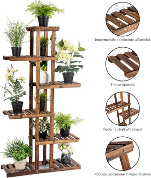 Porta Piante da Interno ed Esterno, Scaffale per Piante in Legno a 6 Livelli, Porta Fiori e Vasi da Balcone, Giardino e Salotto