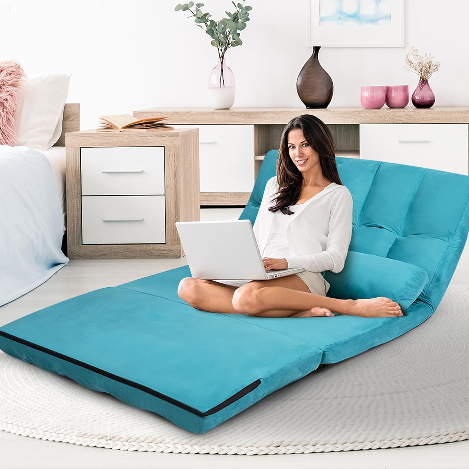 Divano Letto da Terra con 2 Cuscini, Divano Letto Pieghevole con Schienale Regolabile a 6 Livelli, Ideale per Camera da Letto e Soggiorno (Blu)