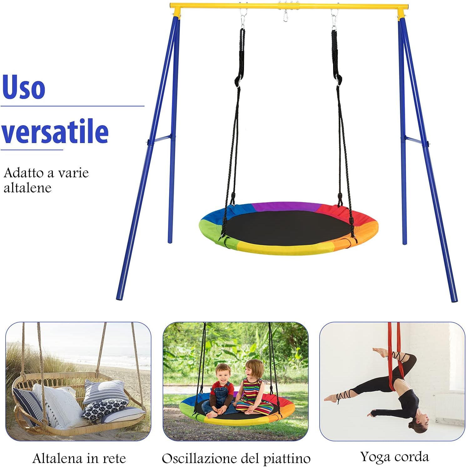 Struttura di Metallo per Altalena, Struttura ad A Resistente per Altalena, con Paletti e 2 Modi per Appenderla, Capacità di Peso 200kg, Ideale per Attività Interne ed Esterne (Blu e Giallo)