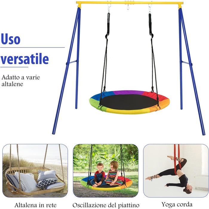 Struttura di Metallo per Altalena, Struttura ad A Resistente per Altalena, con Paletti e 2 Modi per Appenderla, Capacità di Peso 200kg, Ideale per Attività Interne ed Esterne (Blu e Giallo)