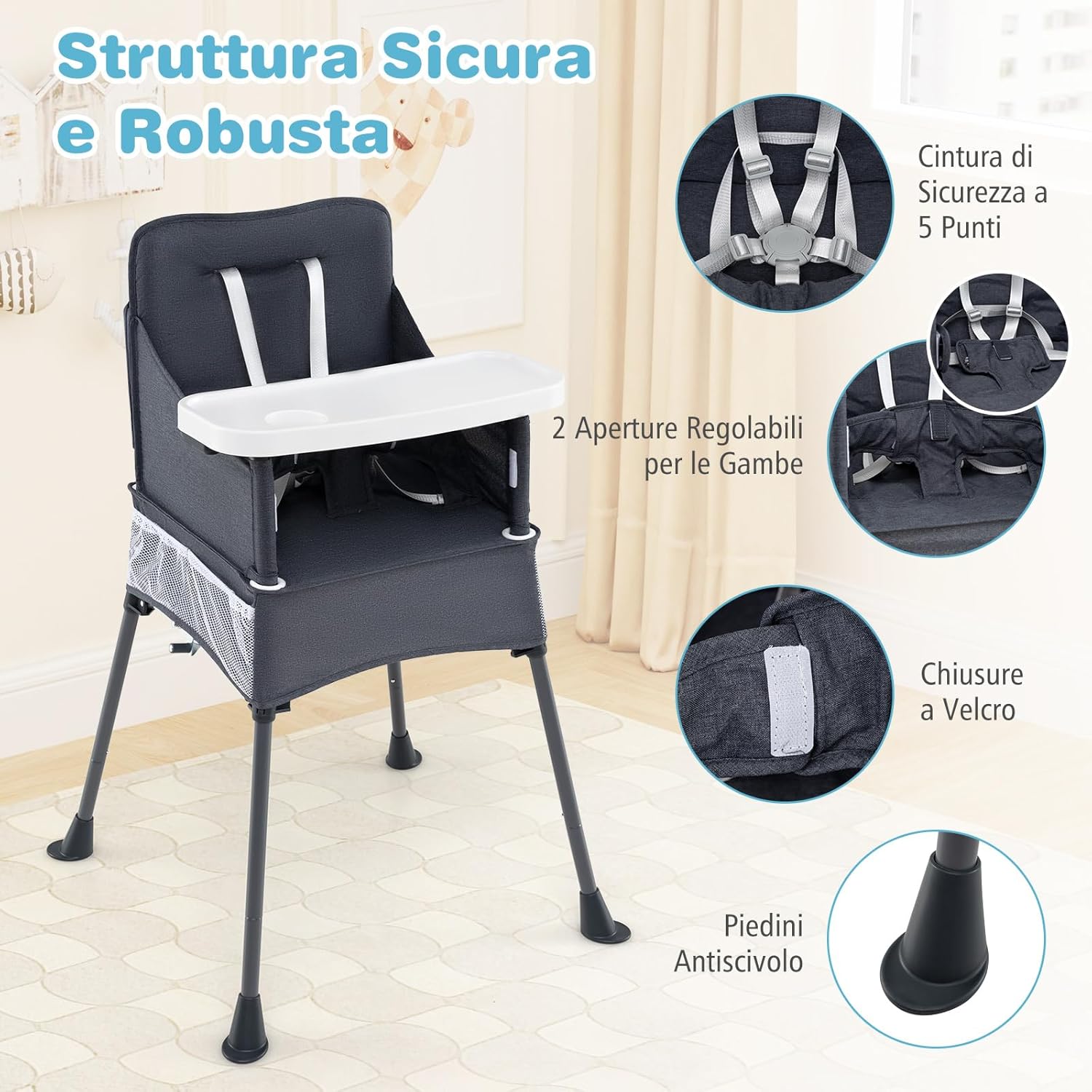 Seggiolone Pieghevole per Bambini, Seggiolone Salvaspazio con Vassoio Regolabile a 2 Livelli, Cintura di Sicurezza, Aperture Regolabili per Gambe, Tasche, per Bambini 6-36 Mesi