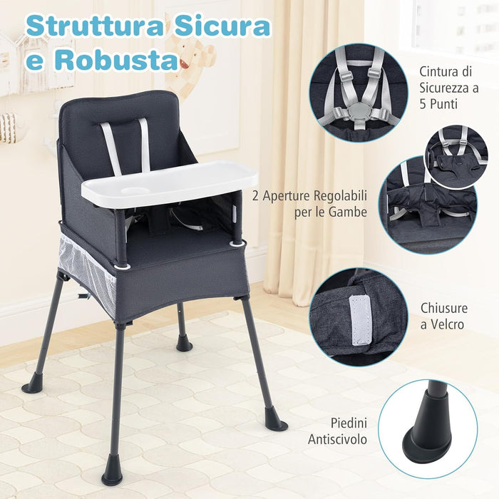 Seggiolone Pieghevole per Bambini, Seggiolone Salvaspazio con Vassoio Regolabile a 2 Livelli, Cintura di Sicurezza, Aperture Regolabili per Gambe, Tasche, per Bambini 6-36 Mesi