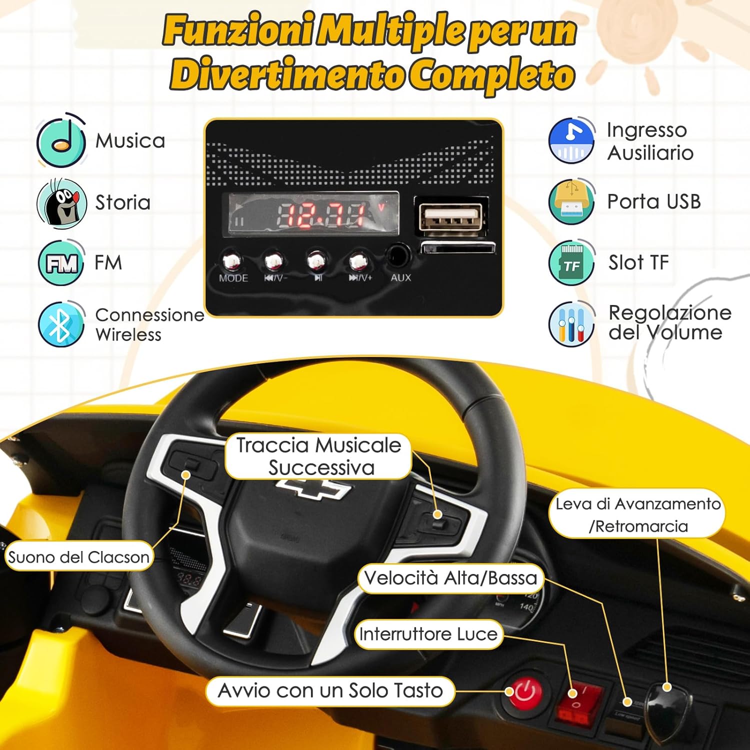 12V Macchina Elettrica per Bambini Chevrolet, SUV Elettrica con Telecomando Luci Luminose e Musica, 3-3,5 km/h, Ideale per Bambini di 3-6 Anni (Giallo)