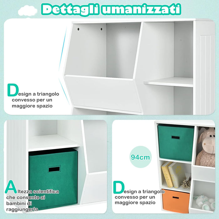 Armadietto Porta Giochi per Bambini, Organizer Giocattoli con 2 Cestini Extra, Libreria Multifunzionale per Libri Giocattoli Bambole, 76x28x94 cm, Bianco