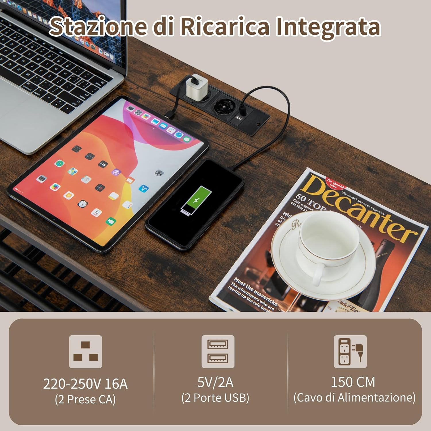 Mobiletto Portabottiglie da Vino a 3 Livelli, con Ripiani di Stoccaggio, Porta Bicchieri, Porta Bottiglie, Prolunghe Elettriche, per Soggiorno Cucina, Bar, 120 x 40 x 92 cm (Marrone)