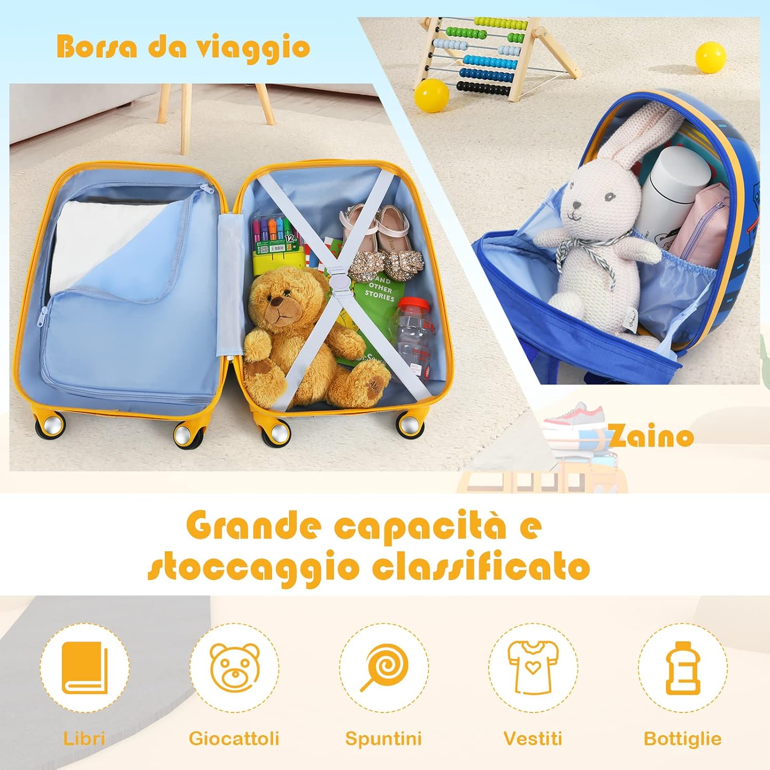 Set di Valigia per Bambini, 18" Valigia+ 12" Zaino, 2 Pezzi, con Ruote Girevoli a 360° e Maniglia Retrattile, Ideale per Viaggiare in Modo Comodo e Divertente (Modello 19)