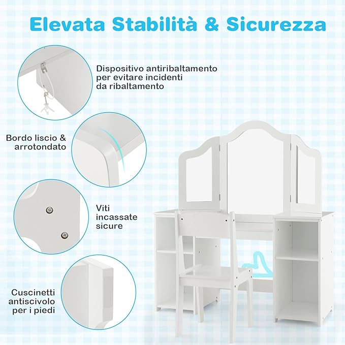 Toeletta Trucco 2 in 1 per Bambina, Specchiera Staccabile per Ragazza in Legno Robusto con 4 Scomparti, Sgabello e Specchio, Postazione Trucco per 3 Anni, 104 x 40 x 117 cm(Bianco)