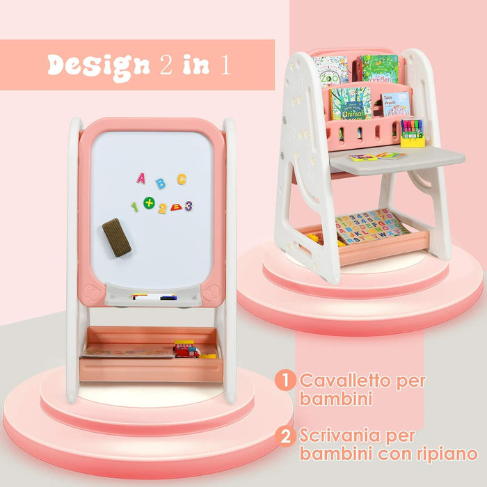 Cavalletto per Dipingere 2 in 1 Multifunzione per Bambini Altezza Regolabile, Libreria Bambini Lavagna Doppia Faccia , con Sedia e Accessori (Rosa-Arancione)