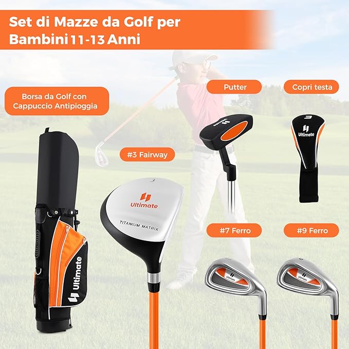 Set Completo di Mazze da Golf per Bambini, Inculude Fairway 3, Ferri 7 e 9, Putter, Copritesta, Borsa Portatile e Cappuccio Antipioggia, Set da Golf per Destrimano(Per 11-13 Anni)