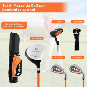 Set Completo di Mazze da Golf per Bambini, Inculude Fairway 3, Ferri 7 e 9, Putter, Copritesta, Borsa Portatile e Cappuccio Antipioggia, Set da Golf per Destrimano(Per 11-13 Anni)