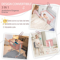 Culla Neonato Fianco Letto 3 in 1, Lettino Dondolo Neonati con Materasso, Culla da Campeggio con Ruote e Borsa, Regolabile In Altezza, Inclinazione di 10°, per Bambini 0-6 Mesi (Rosa)