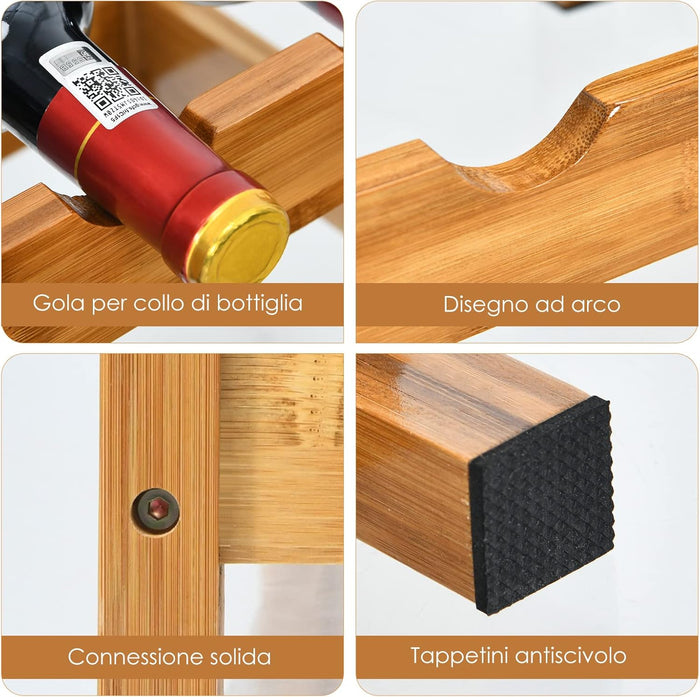 Scaffale per Vino con 2 Livelli di Bambù, Organizer Vini per 12 Bottiglie, Espositore Vini Salva Spazio, Catinetta Portabottiglie, 62 x 24 x 25 cm (Naturale)