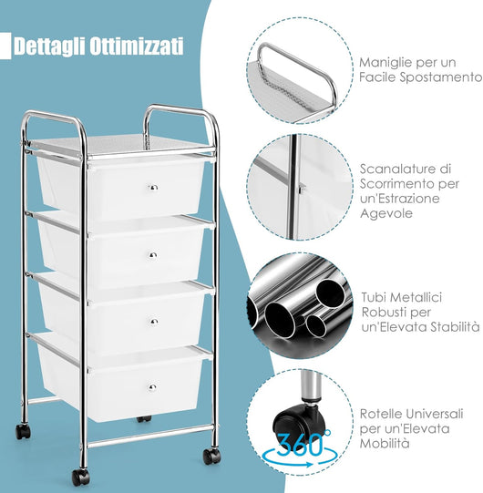 Carrello Portaoggetti con 4 Cassetti, Cassettiera Rimovibili in Plastica, Carrello di Stoccaggio con Ruote per Casa Bagno e Ufficio, 37x32x76 cm (Trasparente)