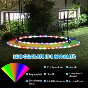 Altalena a Nido 100 cm per Bambini e Adulti, Altalena Rotonda con Luci LED Colorate e 2 Funi Regolabili, Capacità di Carico 300 kg da Giardino Esterno (Colorato)
