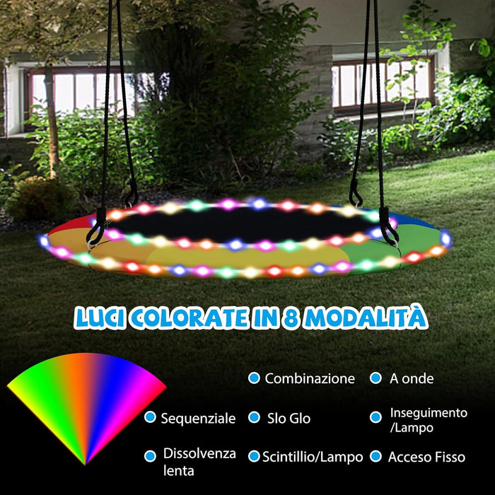 Altalena a Nido 100 cm per Bambini e Adulti, Altalena Rotonda con Luci LED Colorate e 2 Funi Regolabili, Capacità di Carico 300 kg da Giardino Esterno (Colorato)