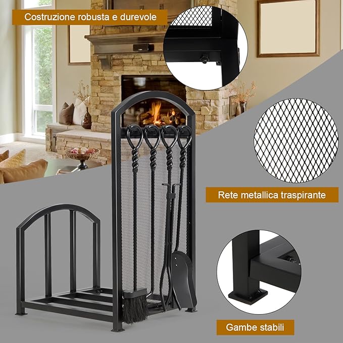 Porta Legna per Interni con 4 Attrezzi, Porta Legna per Camino di Metallo con Pala, Attizzatoio, Pinza, Scopa, Porta Legna da Ardere per Camino, Stufe e Braciere (43,5 x 39,5 x 69,5 cm)