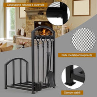 Porta Legna per Interni con 4 Attrezzi, Porta Legna per Camino di Metallo con Pala, Attizzatoio, Pinza, Scopa, Porta Legna da Ardere per Camino, Stufe e Braciere (43,5 x 39,5 x 69,5 cm)