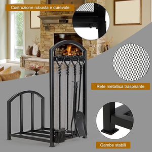 Porta Legna per Interni con 4 Attrezzi, Porta Legna per Camino di Metallo con Pala, Attizzatoio, Pinza, Scopa, Porta Legna da Ardere per Camino, Stufe e Braciere (43,5 x 39,5 x 69,5 cm)