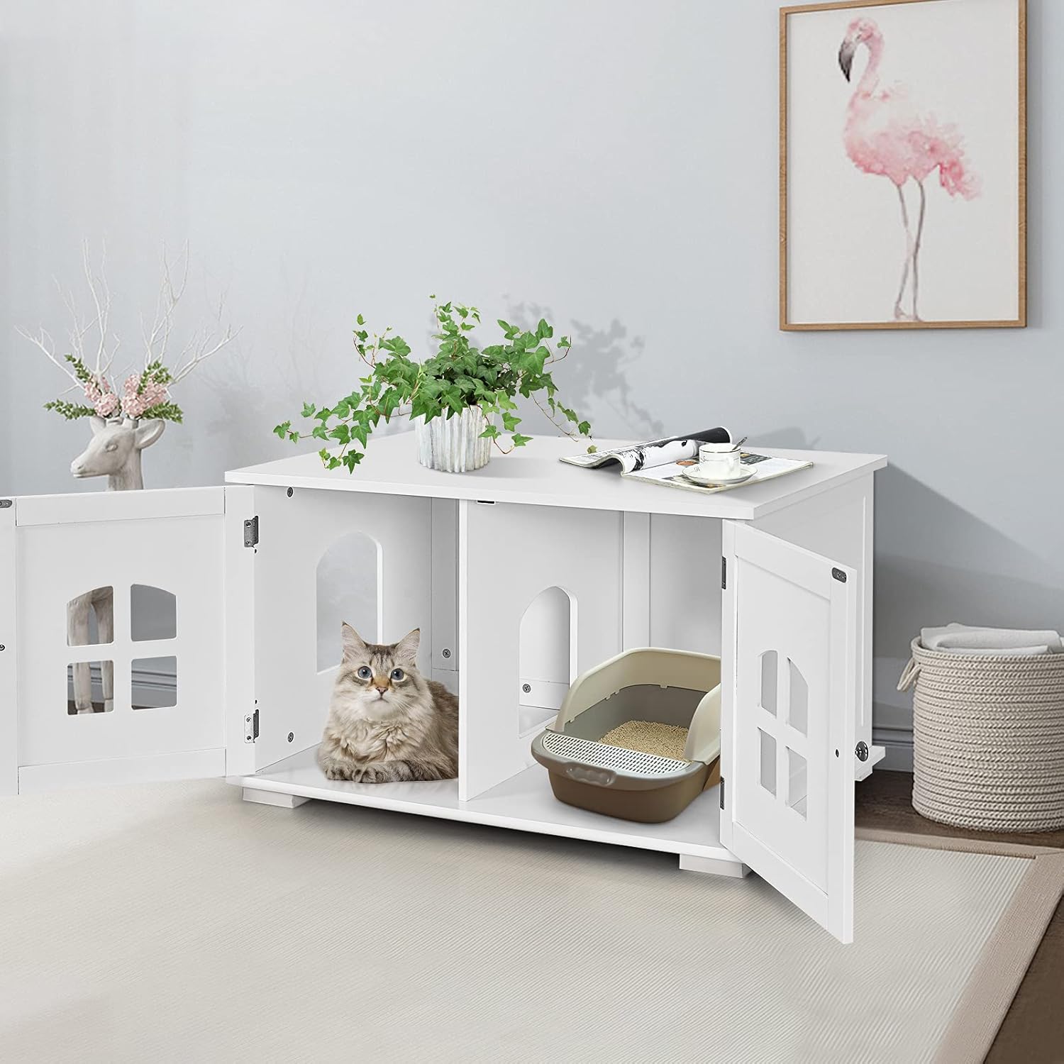 Casetta per Gatti, Casetta-comodino per Gatti con Doppie Porte e Finestre, Casetta Decorativa Ventilata per Domestici, 81 x 53 x 49 cm (Bianco)