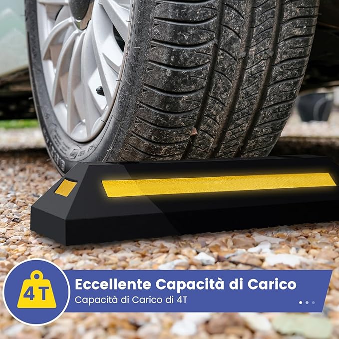 Ferma Ruota per Veicoli da Garage, Set di Fermaruote in Gomma per Parcheggi, con Strisce Riflettenti, per Uso Interno ed Esterno, 54,5 x 16 x 9 cm