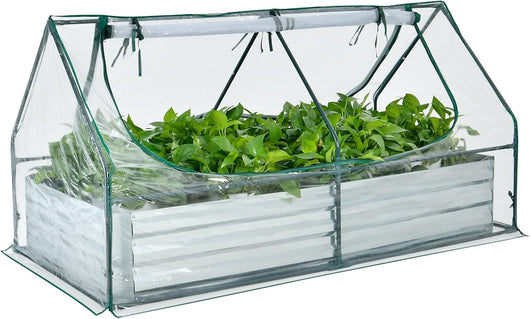 Orto Rialzato Zincato con Serra, Aiuola Senza Fondo con Copertura Trasparente, Fioriere con Finestre Avvolgibili per Giardino e Terrazzo, 180 x 90 x 91 cm