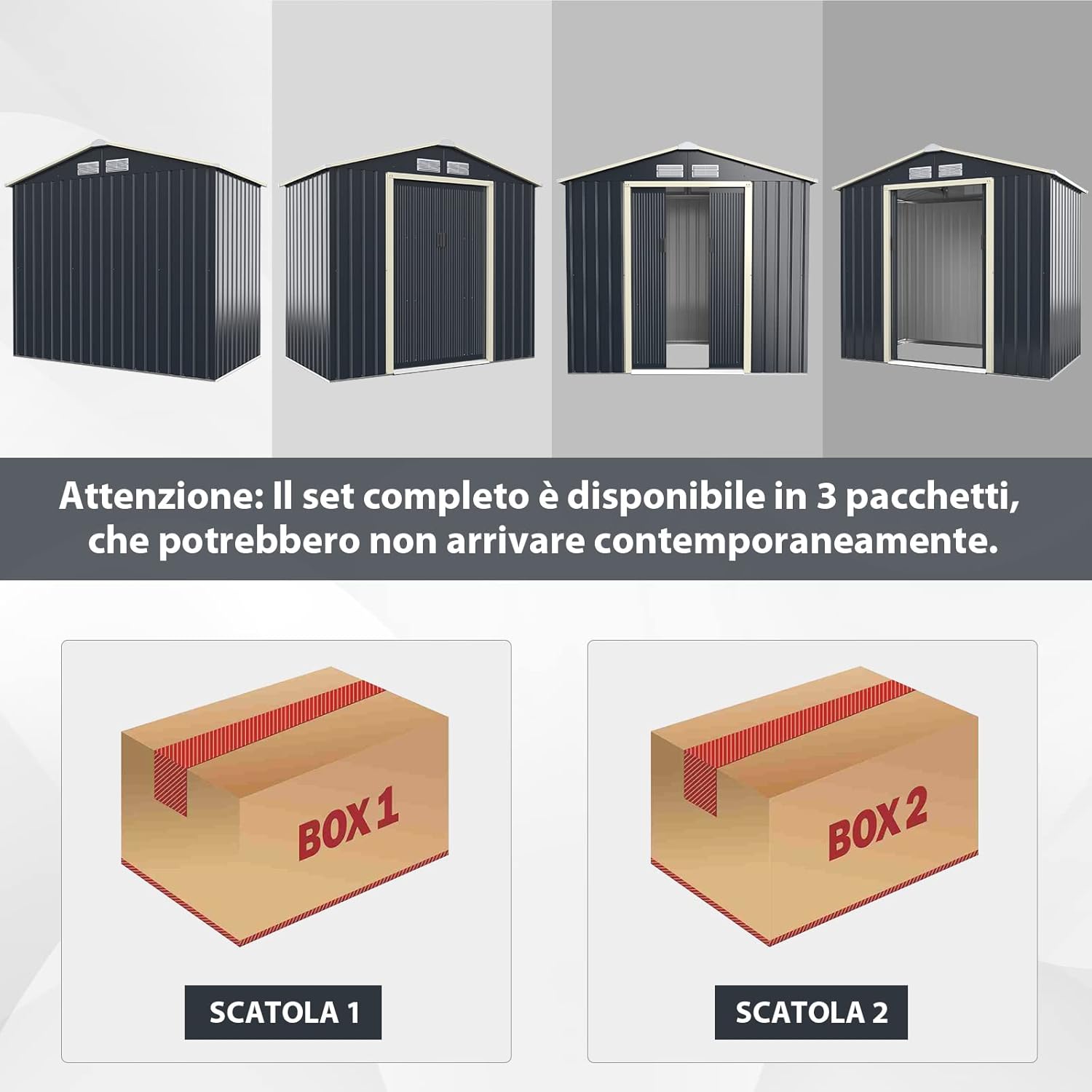 Casetta da Giardino Porta Attrezzi in Lamiera Acciaio Zincato 2,38 M2, Capanno da Esterno con Tettoia, Sfilati e Ante Scorrevoli, Adatto a Cortile, Giardino e Fattoria (203 x 117 x 195 cm)