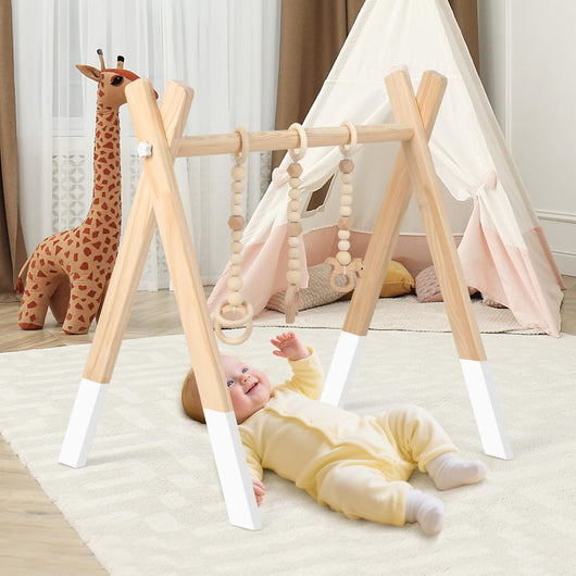 Palestrina per Bambini, Palestrina con Giocattoli per Dentizione Sviluppo Cerebrale Stimolazione Sensoriale, Pieghevole, in Legno, per Bambini 3+ Mesi (Bianco)