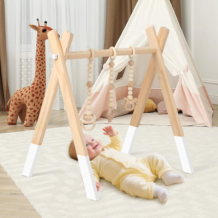 Palestrina per Bambini, Palestrina con Giocattoli per Dentizione Sviluppo Cerebrale Stimolazione Sensoriale, Pieghevole, in Legno, per Bambini 3+ Mesi (Bianco)