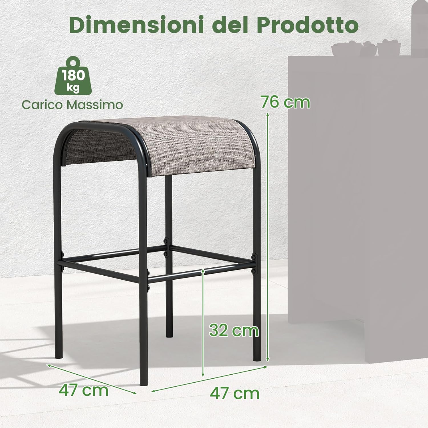 Set di 2 Sgabelli da Giardino,Sgabello da Giardino in Tessuto Texlilene, Sgabello da Bar da 76 cm, con Seduta Curva in Tessuto, Struttura in Metallo, Portata 180 kg, 47 x 47 x 76 cm