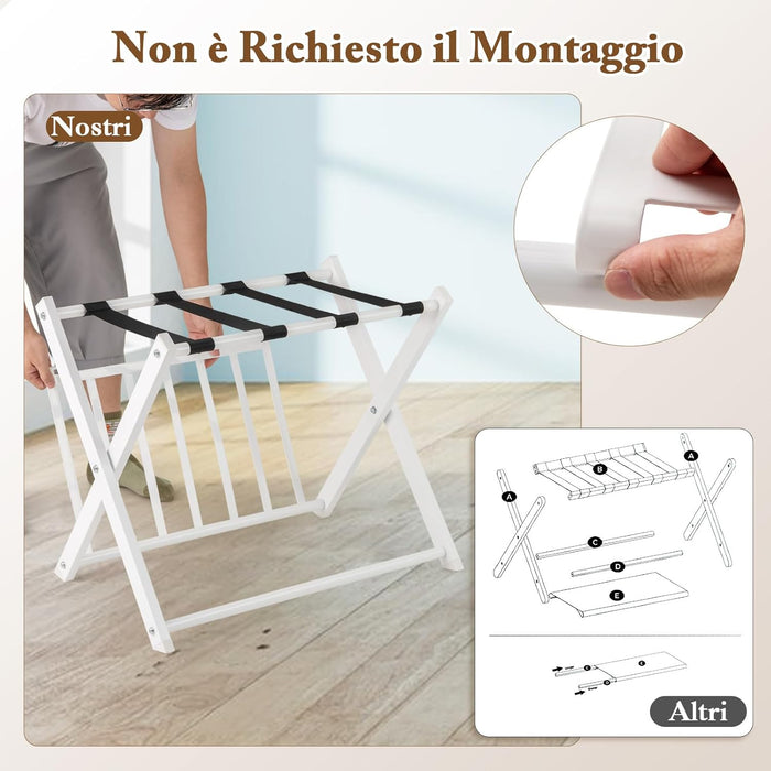 Portavaligie Pieghevole, Porta Valigie Poggia Bagaglio a 2 Ripiani, Cavalletto da Valigie, per Hotel e Viaggio, in Metallo, 68 x 43 x 56 cm (Bianco 2)