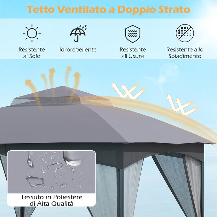 Gazebo da Giardino 3 x 3 m, Gazebo Impermeabile con Rete Mesh Staccabile e Terro Ventilato a Doppio Strato, Tenda Regolabile in Altezza per Feste, BBQ e Picnic (Grigio)