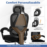 Sedia da Ufficio con Ruote, Sedia da Scrivania con Altezza Regolabile, Poggiapiedi Estraibile, Schienale Regolabile a 135°, Poggiatesta e Supporto Lombare Regolabili, Portata 160 kg