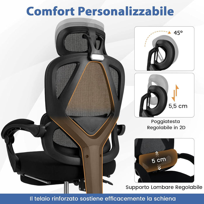 Sedia da Ufficio con Ruote, Sedia da Scrivania con Altezza Regolabile, Poggiapiedi Estraibile, Schienale Regolabile a 135°, Poggiatesta e Supporto Lombare Regolabili, Portata 160 kg