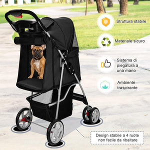Passeggino per Cani Pieghevole, Carrozzina per Cani a 4 Ruote con Finestra a Rete Porta Bicchiere e Cesto, Passeggino Portatile per Animali Piccola e Media (Nero)