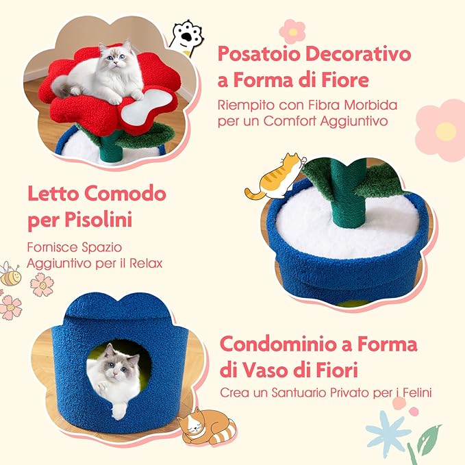 Albero per Gatti con Posatoio a Forma di Fiore, Condominio a Forma di Vaso, Tiragraffi a Forma di Stelo, Foglie Flessibili, Centro di Attività Versatile per Animali Domestici (Rosso)