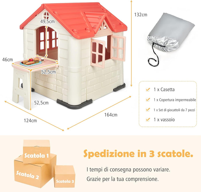 Casetta per Bambini con Porte e Finestre, Casetta Giocattolo con Tavolo, Set Giocattolo con 7 Pezzi, Ideale per Bambini 3-8 Anni, 164x124x132 cm (Rosa)
