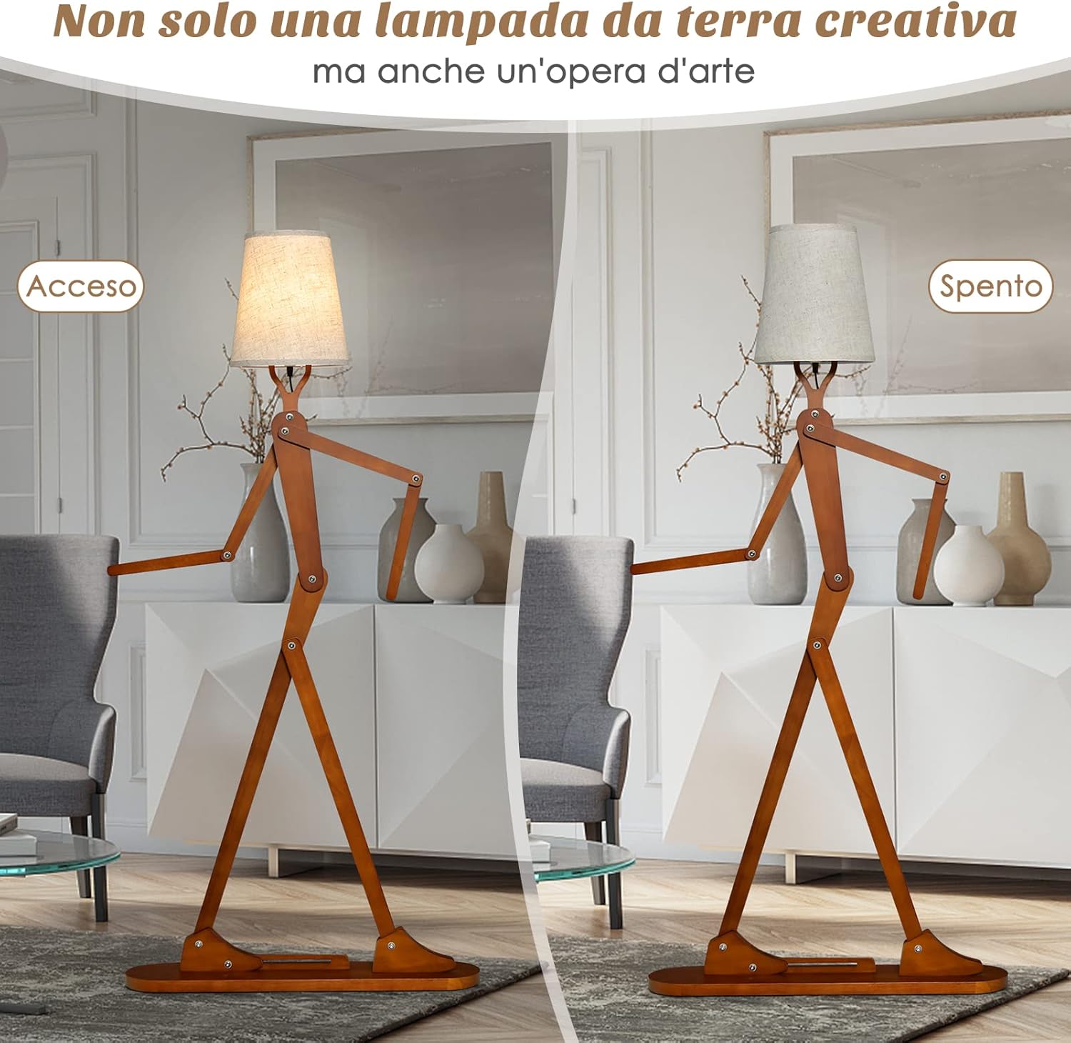 Lampada da Terra in Legno, Piantana Umanoide Decorativa ad Angolo con Articolazioni Regolabili, Paralume in Tessuto e Interruttore a Pedale, Lampa a Stelo da Salotto e Camera da Letto