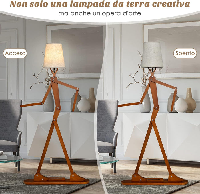 Lampada da Terra in Legno, Piantana Umanoide Decorativa ad Angolo con Articolazioni Regolabili, Paralume in Tessuto e Interruttore a Pedale, Lampa a Stelo da Salotto e Camera da Letto