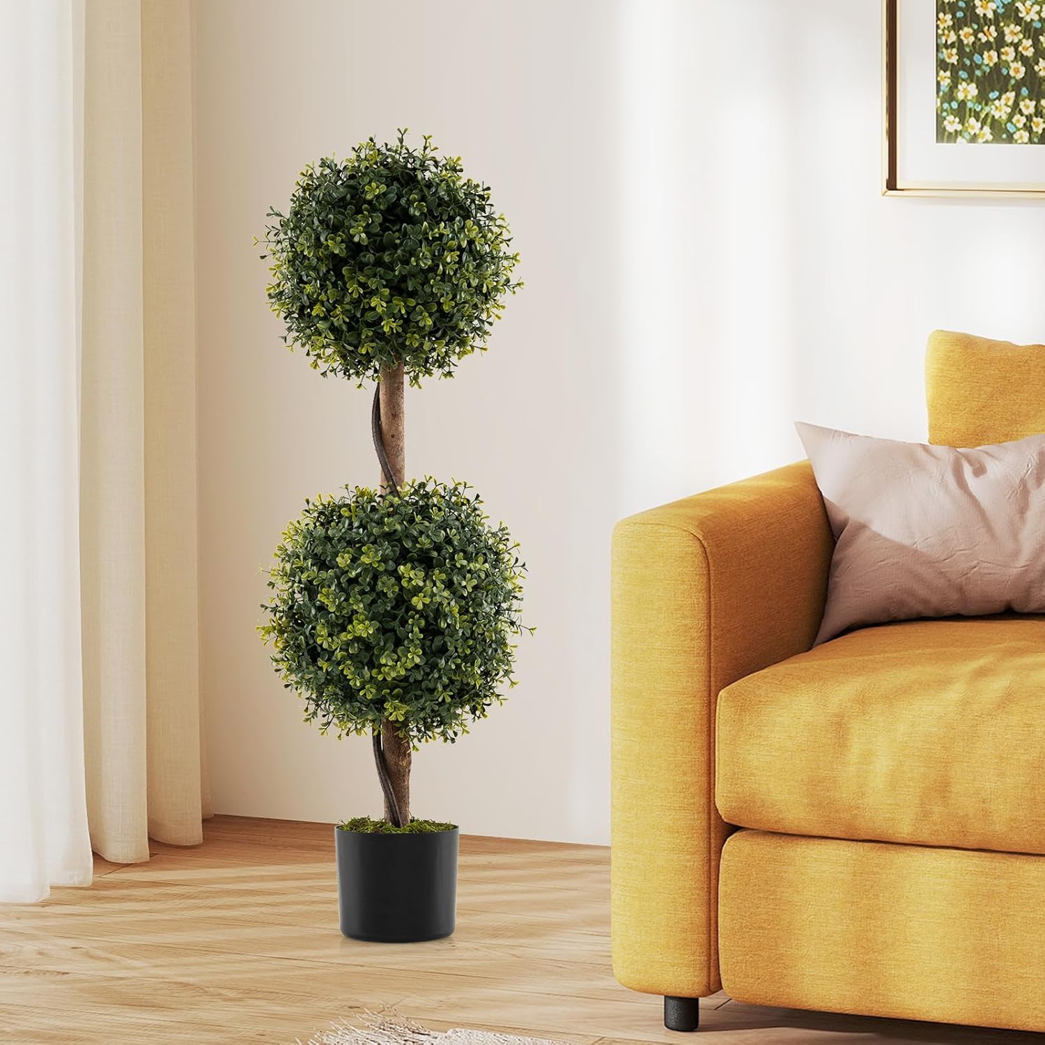 Set di 2 Alberi Artificiali con Tronco Solido da 90 cm, Muschio Naturale e Vaso Stabile Riempito di Cemento, Arbusto Finto Protetto dal Sole per Decorazione Interna ed Esterna