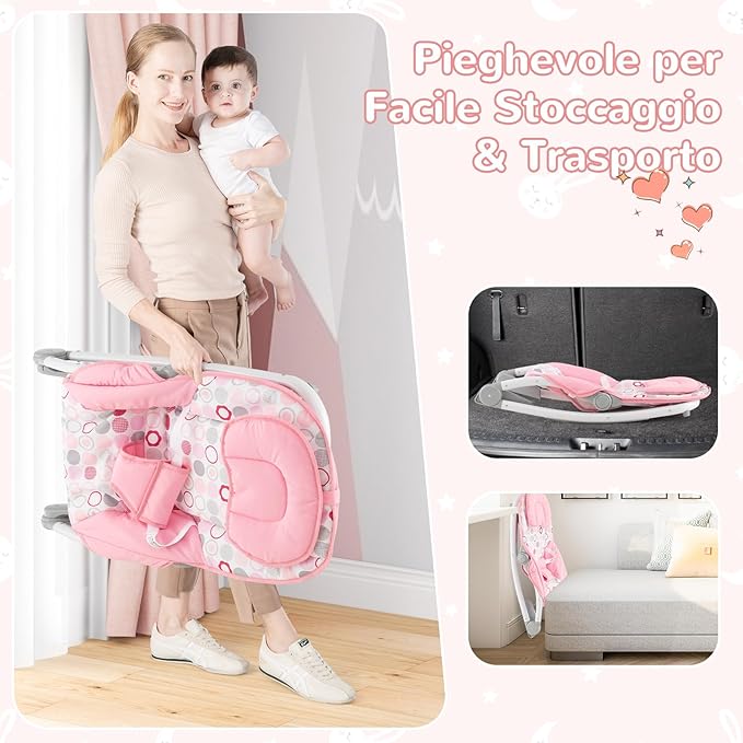 2-in-1 Sdraietta per Bambini, Sdraietta per Neonati Portatile con Schienale Regolabile a 3 Livelli, Sdraietta Pieghevole con Giocattoli, con Cintura di Sicurezza, per Bambini 0-6 Mesi (Rosa)