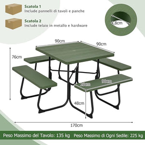 Set Tavolo da Picnic Quadrato con Panche per 8 Persone, Tavolo da Picnic con 4 Panche e Foro per Ombrellone, con Telaio in Metallo, Ogni Panca Portata 225 kg, per Giardino, Cortile (Verde)