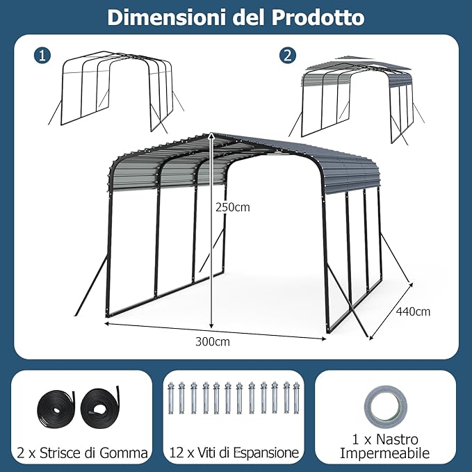 Tenda da Garage 440 x 300 cm, Tettoia per Auto in Metallo con Base Rinforzata e 4 Gambe Inclinate Aiiunte, Gazebo da Esterno per SUV, Feste e Barbecue