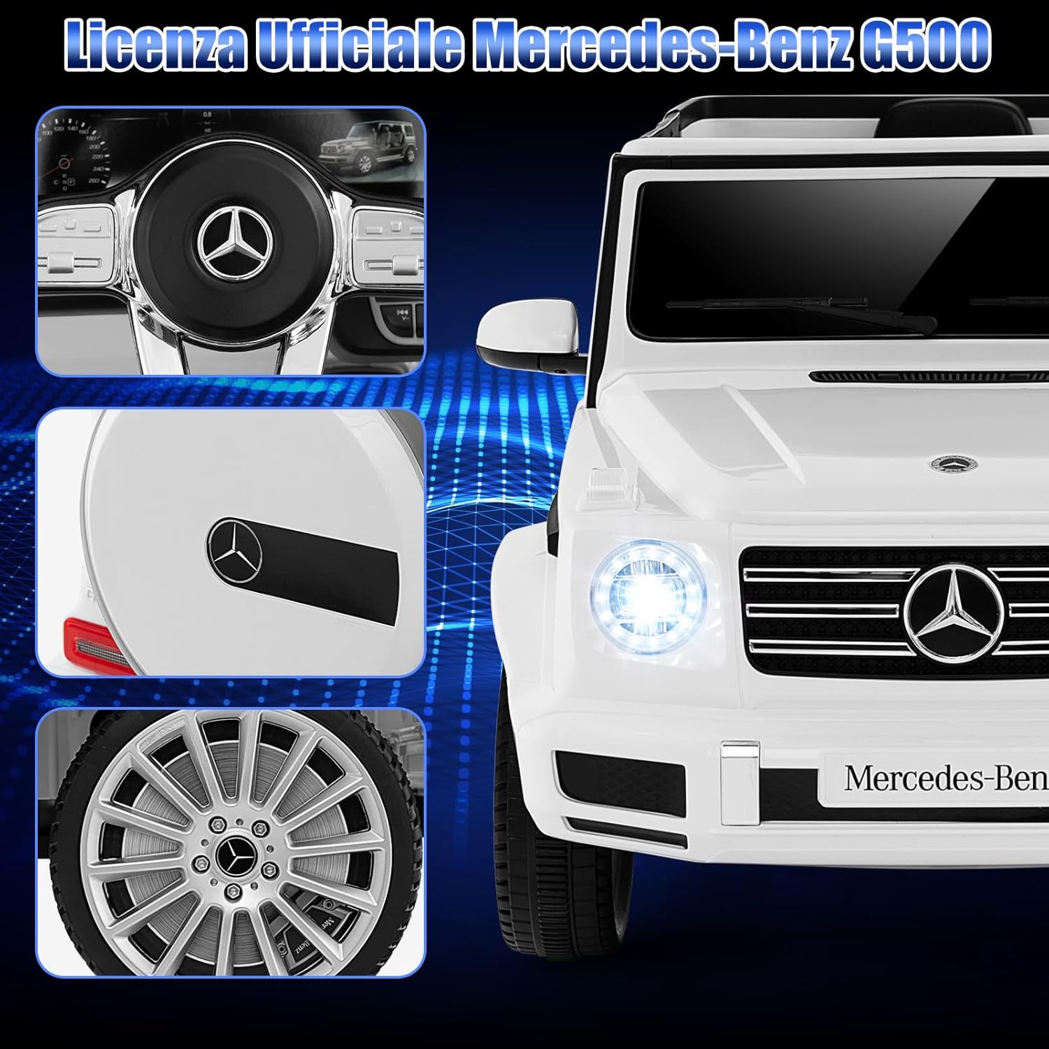 Mercedes-Benz G500 Auto Elettrica per Bambini, 12V Macchina Elettrica con Telecomando 3 Velocità Musica e Luci LED, Funziona Dondolante, Veicolo Elettrico per Bambini 3 Anni+ (Bianco)
