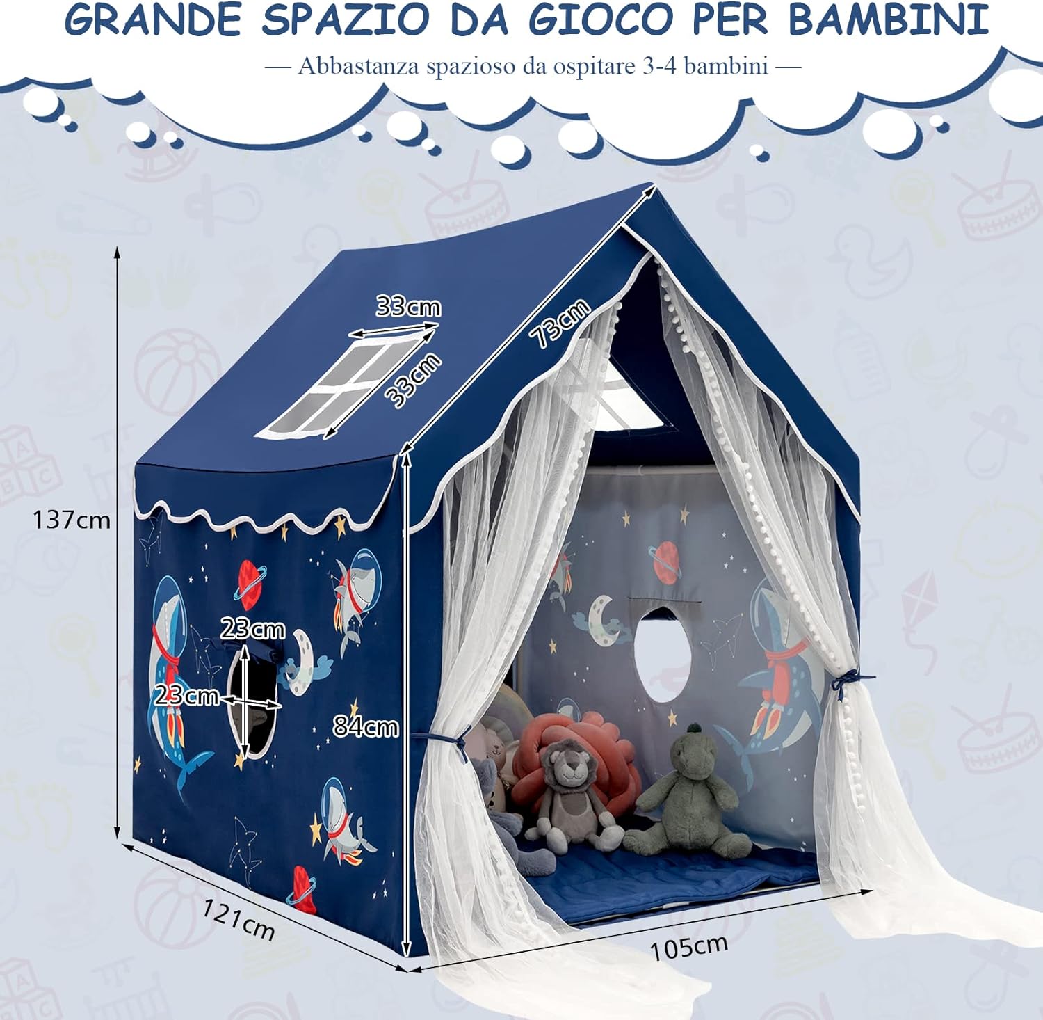Tenda da gioco per Bambini, Casetta per Bambini da Interno con Tappetino Imbottito Rimovibile, Ideale per Bambini e Bambine, 105 x 121 x 137 cm (Blu)