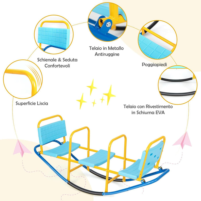 Altalena Saliscendi per Bambini, Altalena Basculante Oscillante di Metallo con Maniglie, Altalena Basculante per Interno ed Esterno, 3 Posti a Sedere (Blu)