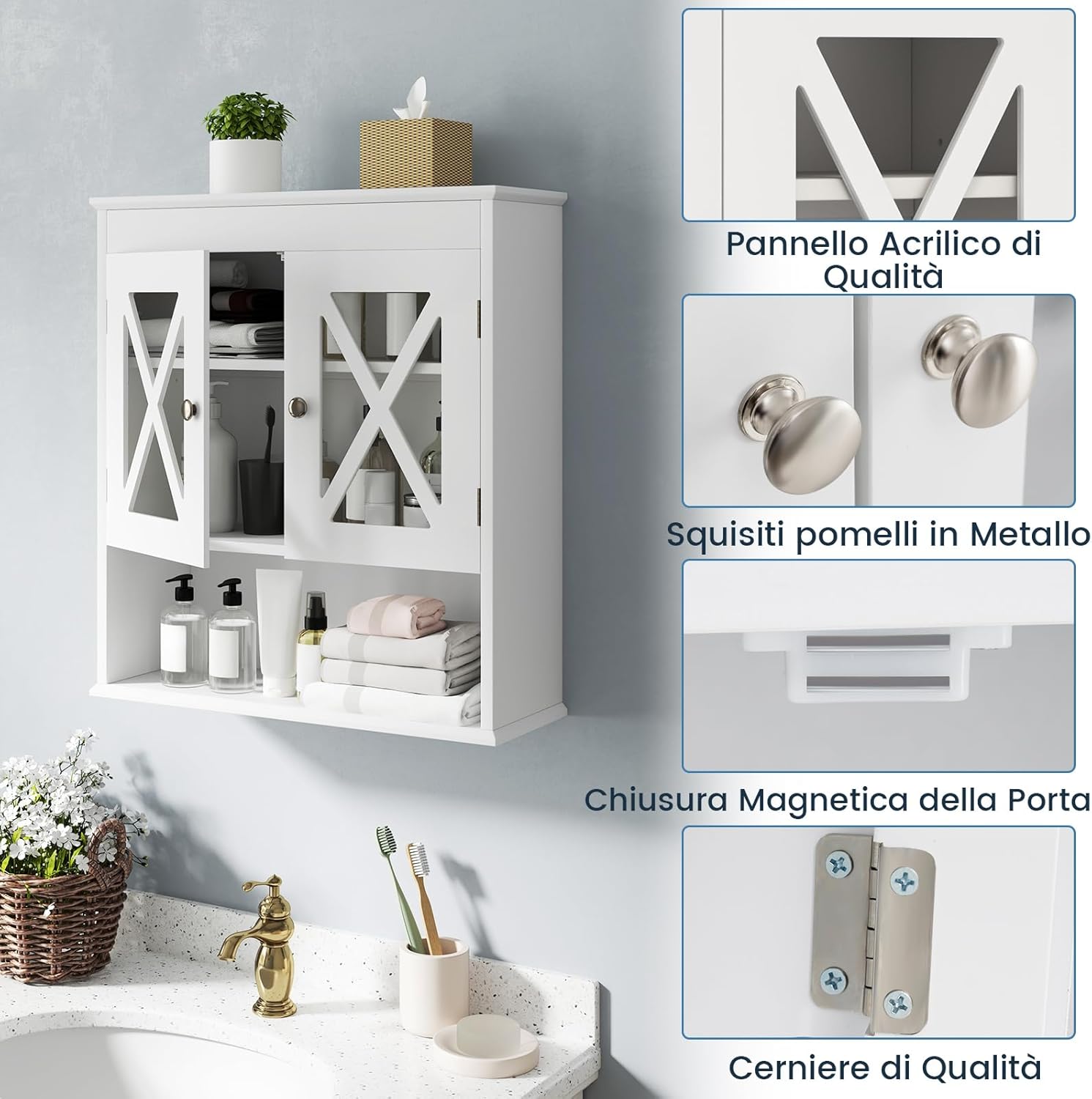 Mobile Bagno Sospeso 54 x 20 x 60 cm, Armadietto da Parete con 2 Ante in Acrilico, Ripiano Regolabile e Scomparto Aperto, Mobiletto da Muro per Lavanderia e Cucina