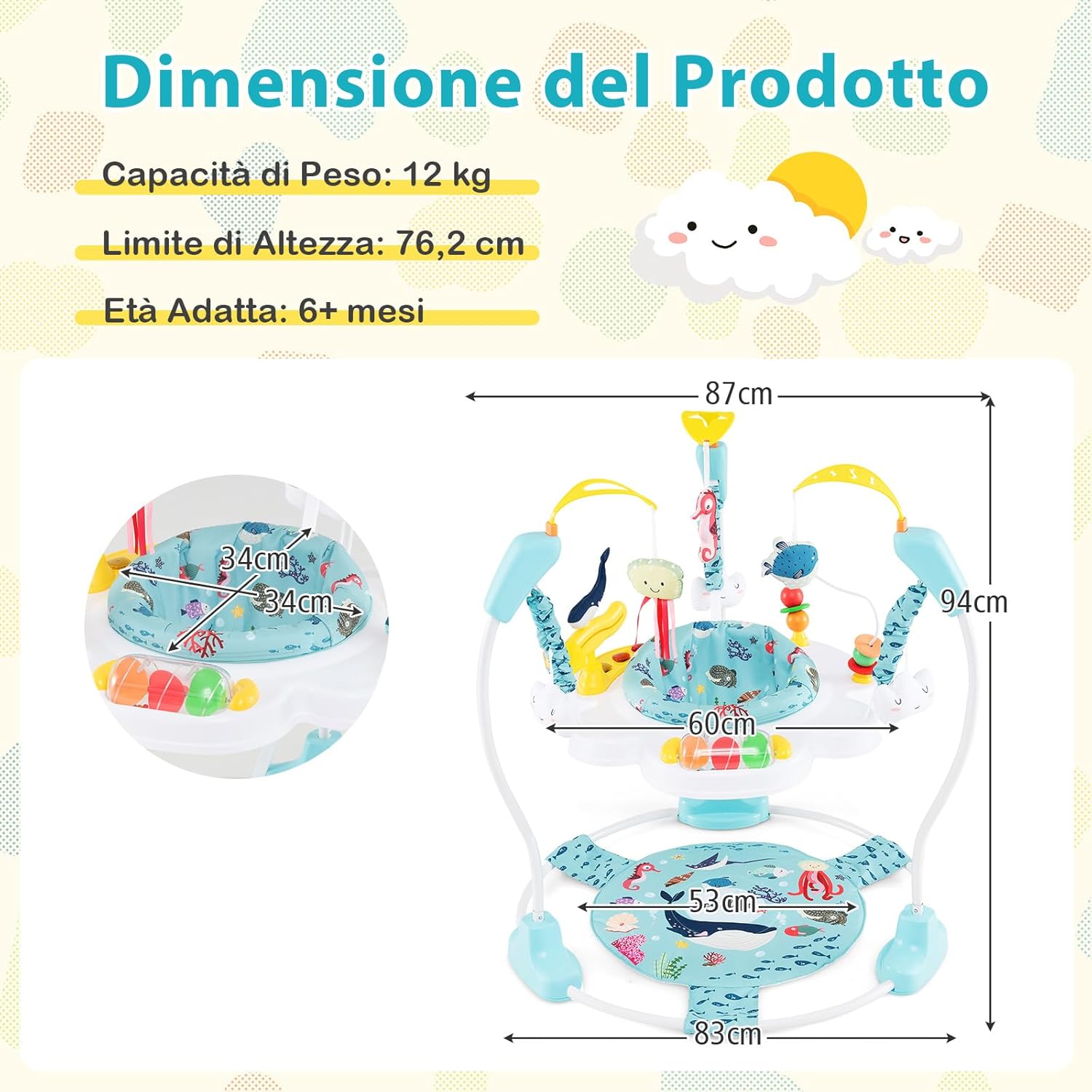 Jumperoo per Bambini, Centro attività Saltella con Altezza Regolabile, Gioco Saltellante con Sedile Girevole a 360°, Saltarello per Neonati con Luci e Suoni per Bambini 6+ Mesi (Azzurro)