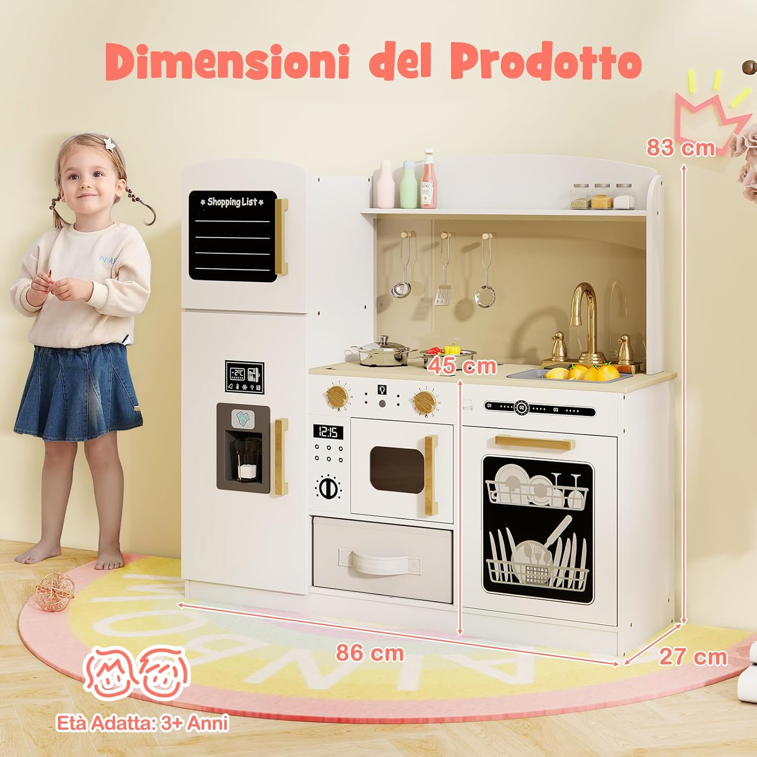 Cucina Giocattolo con Macchina del Ghiaccio e Microonde con Luce, Cucina per Bambini in Legno con 2 Lavagne, Lavandino e Cassetto in Tessuto, Set Cucina con 9 Accessori, 86 x 27 x 83 cm